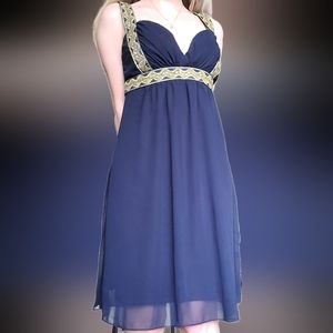 Boston Proper - Knee Length Blue Dress, Gold Embroidery with Beading